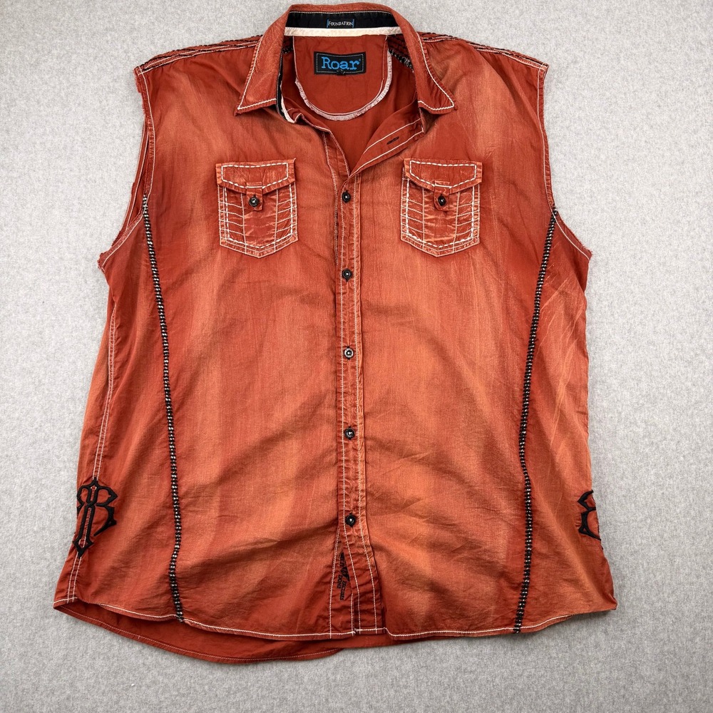 Roar Foundation Mens 2XL Sleeveless Button Down Shirt Burnt Orange Western XL